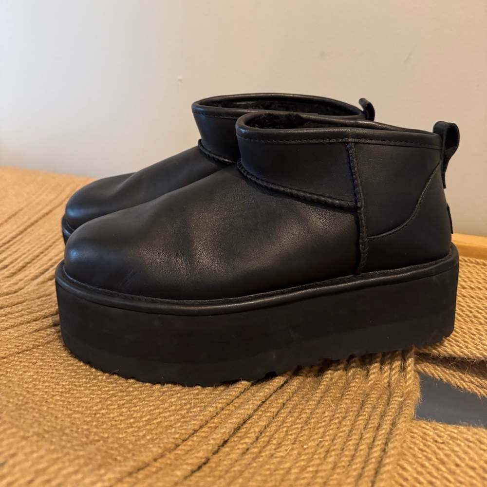 UGG Black Leather Classic Ultra Mini Boots